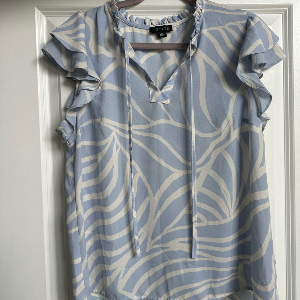 1. State Blue and White Ruffled Relaxed Blouse